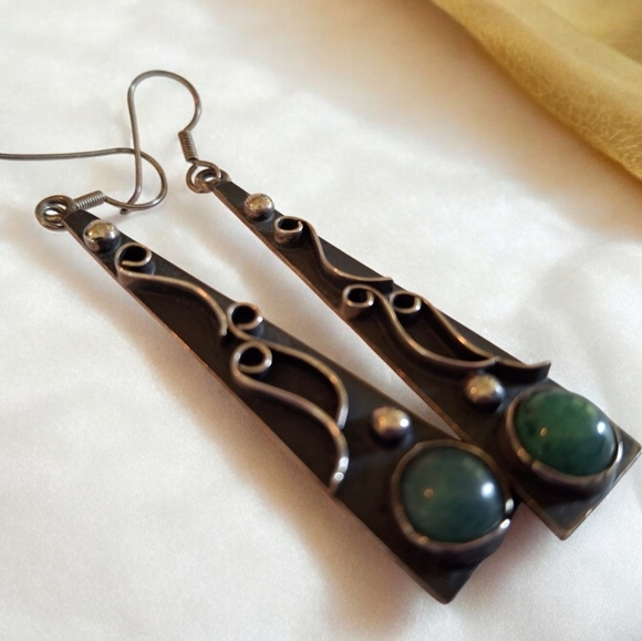 Vintage Sterling Silver 925 Chrysoprase Taxco Earrings TG-48 Weigh 11.1 grams - Picture 5 of 14